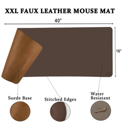 Stitched Faux Leather XXL Mouse Pad/Desk Mat Gift Set-(Dark Brown, 40”x16”)