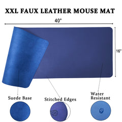 Stitched Faux Leather XXL Mouse Pad/Desk Mat Gift Set-(Navy Blue, 40”x16”)